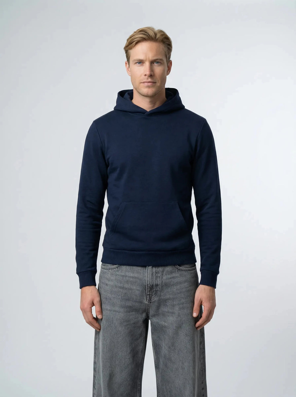 Navy organic cotton hoodie, front worn view – ERVERTE Paris