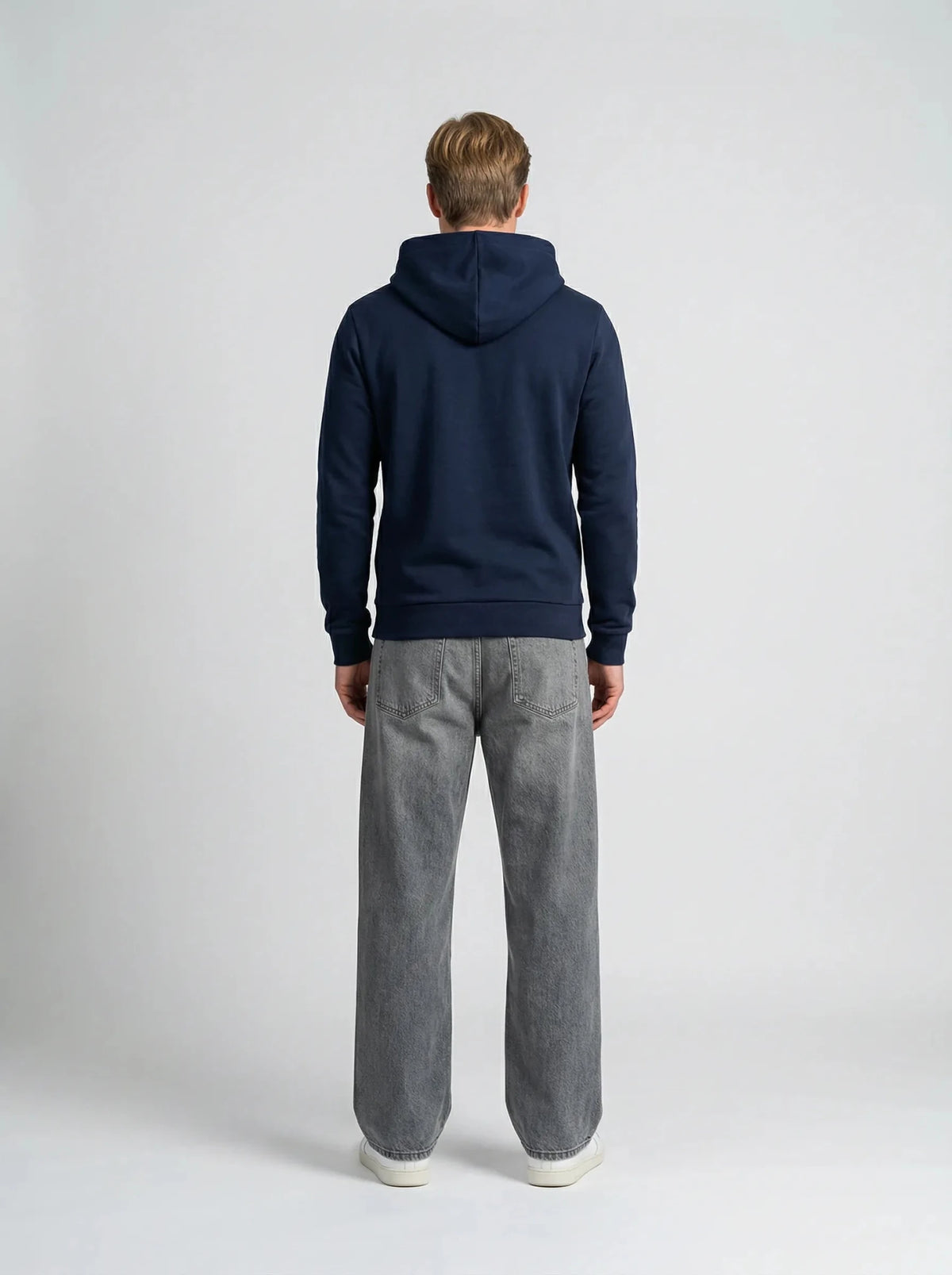 Navy organic cotton hoodie, back view – ERVERTE Paris
