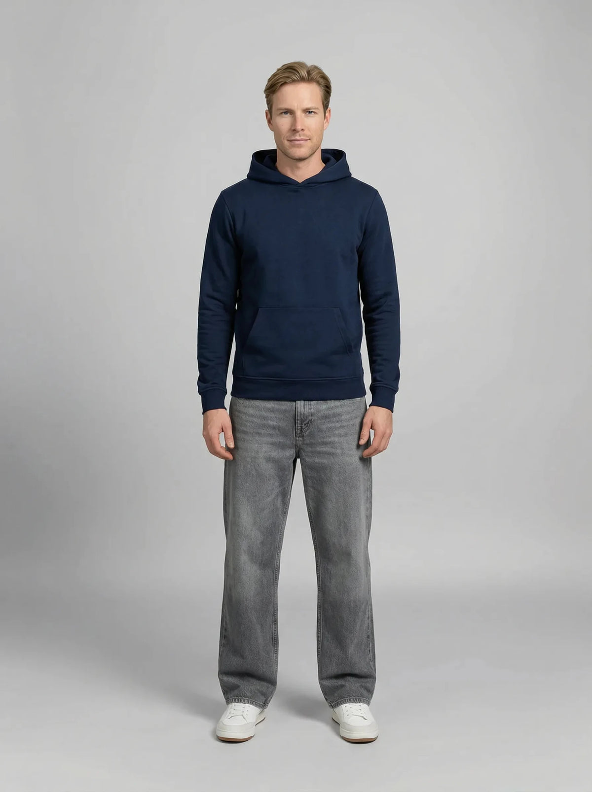 Navy organic cotton hoodie, full-body worn view – ERVERTE Paris