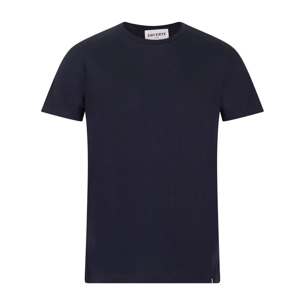 marineblauw katoenen T-shirt, detail van stof en pasvorm – ERVERTE Paris