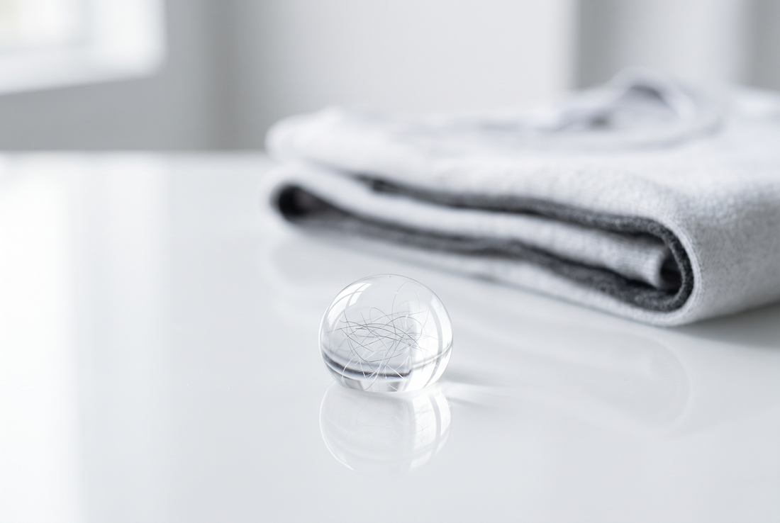 Textile microfibres suspended in clear water droplets
