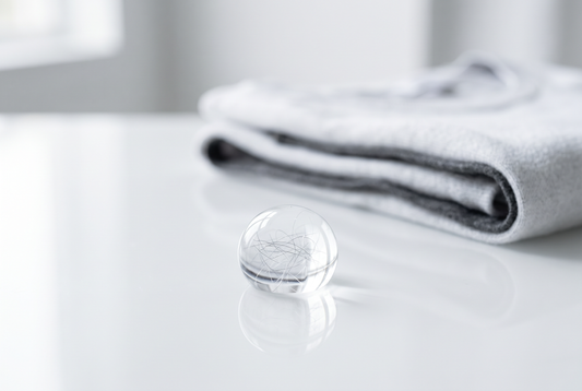 Textile microfibres suspended in clear water droplets