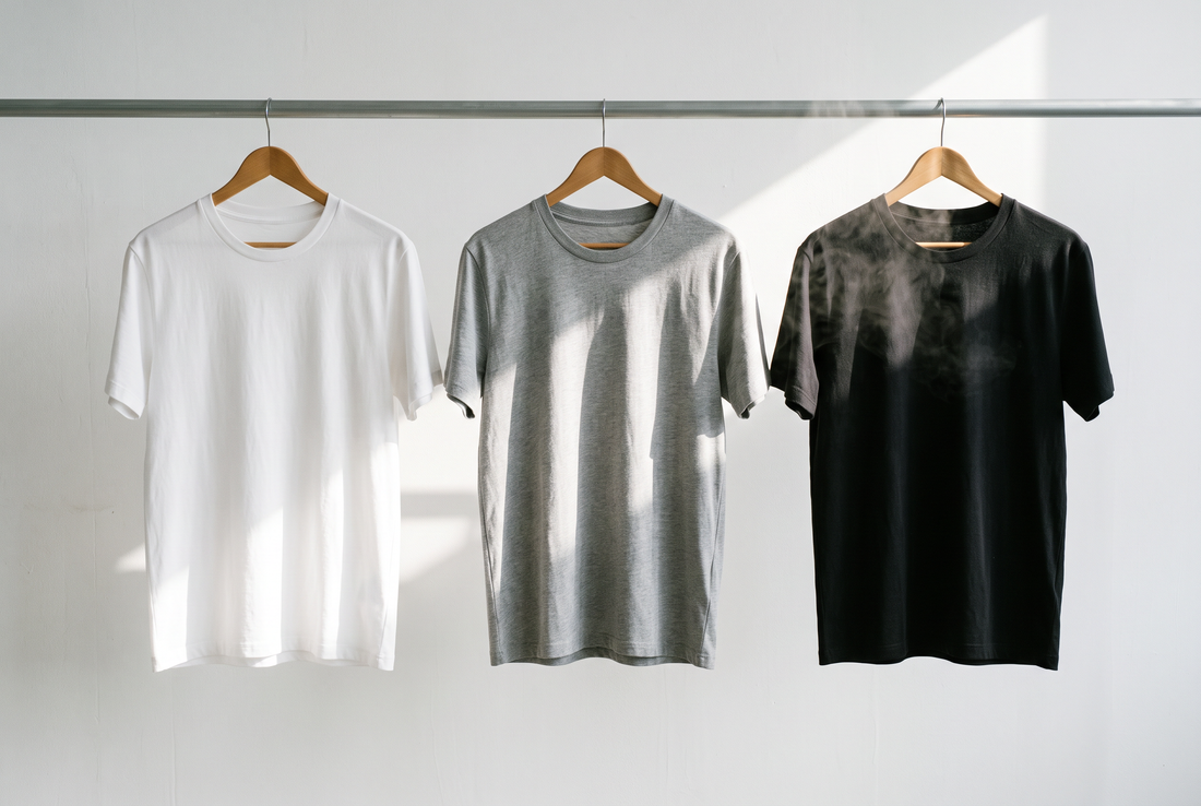 White, grey and black cotton T-shirts under identical light