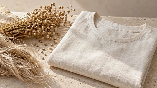 Folded linen T-shirt with flax fibres in soft natural light