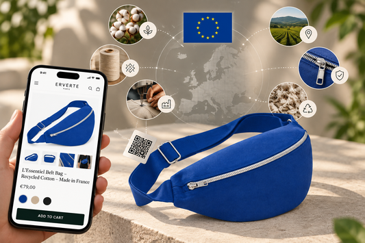 Digital product passport illustration with ERVERTE blue recycled cotton belt bag made in France