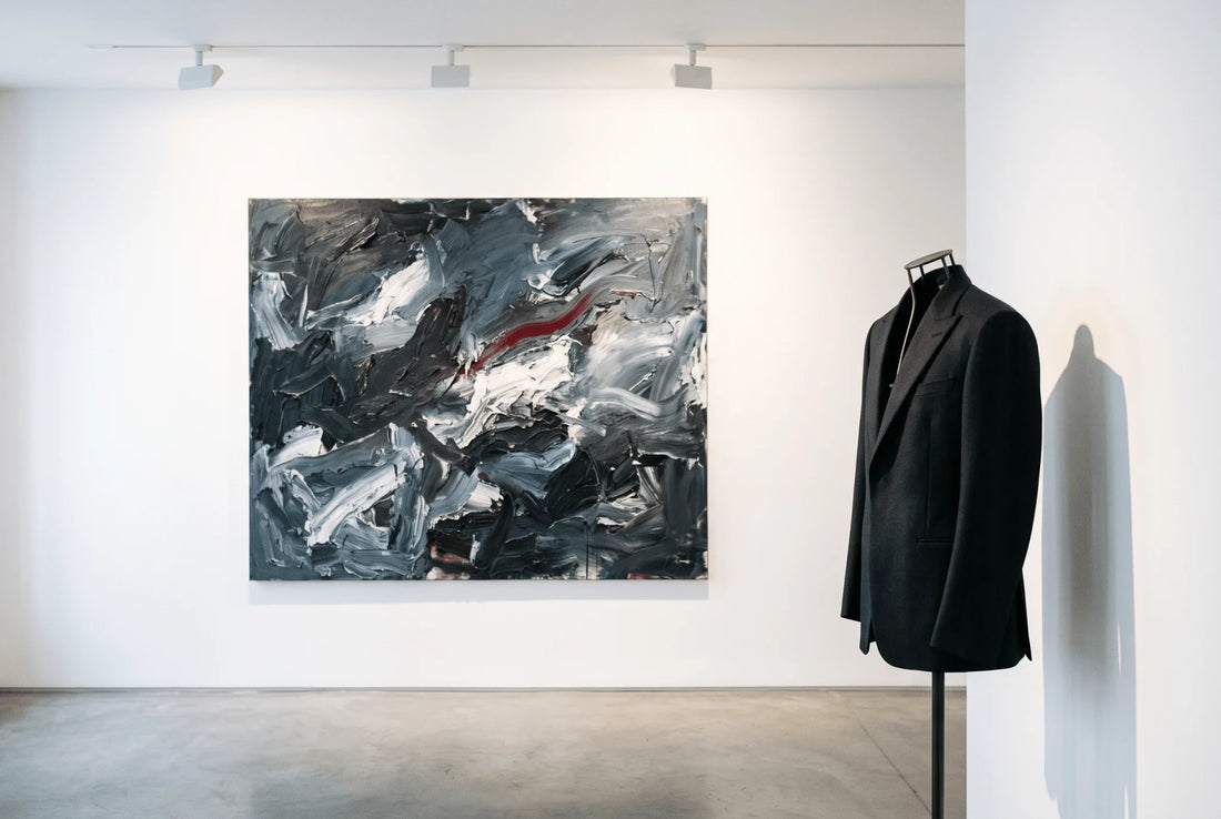Hedendaagse kunst- en herenmodecompositie geïnspireerd door vrijheid en beweging