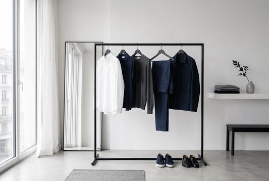 Minimalistisk kapselgarderob för män i naturfibrer