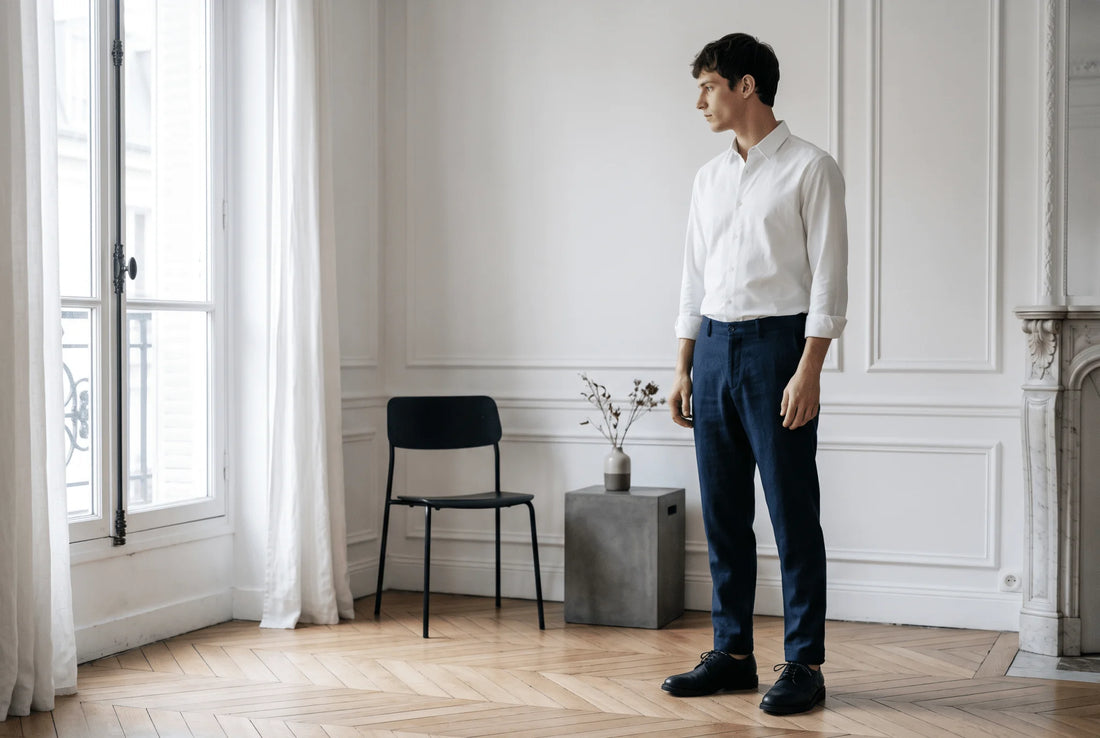 Mode masculine minimaliste française dans un éditorial parisien épuré