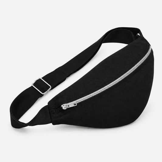 L’Essentiel black recycled cotton belt bag, angled view, made in France – ERVERTE Paris