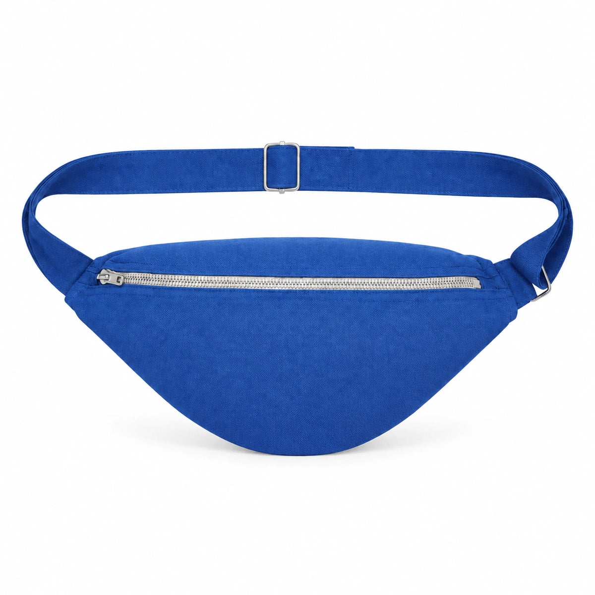 L’Essentiel Gürteltasche aus recycelter Baumwolle in Blau, Vorderansicht mit Metallreißverschluss, hergestellt in Frankreich – ERVERTE Paris