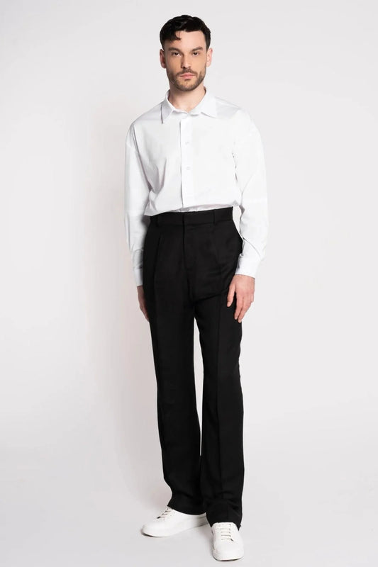 Pantalón de talle alto con pinzas en lana fría gruesa, fabricado en Francia – ERVERTE Paris