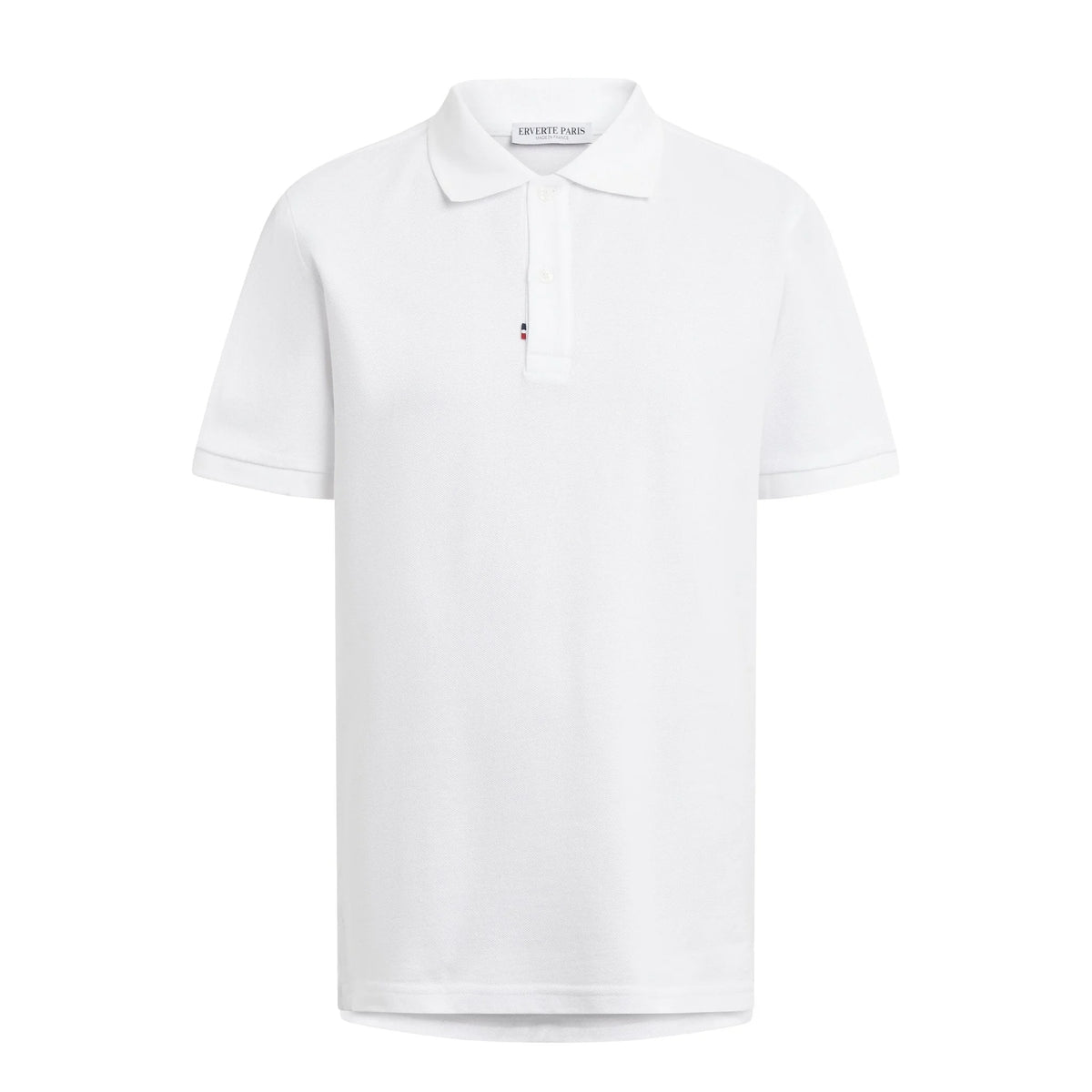 White organic cotton polo, full-body worn view – ERVERTE Paris